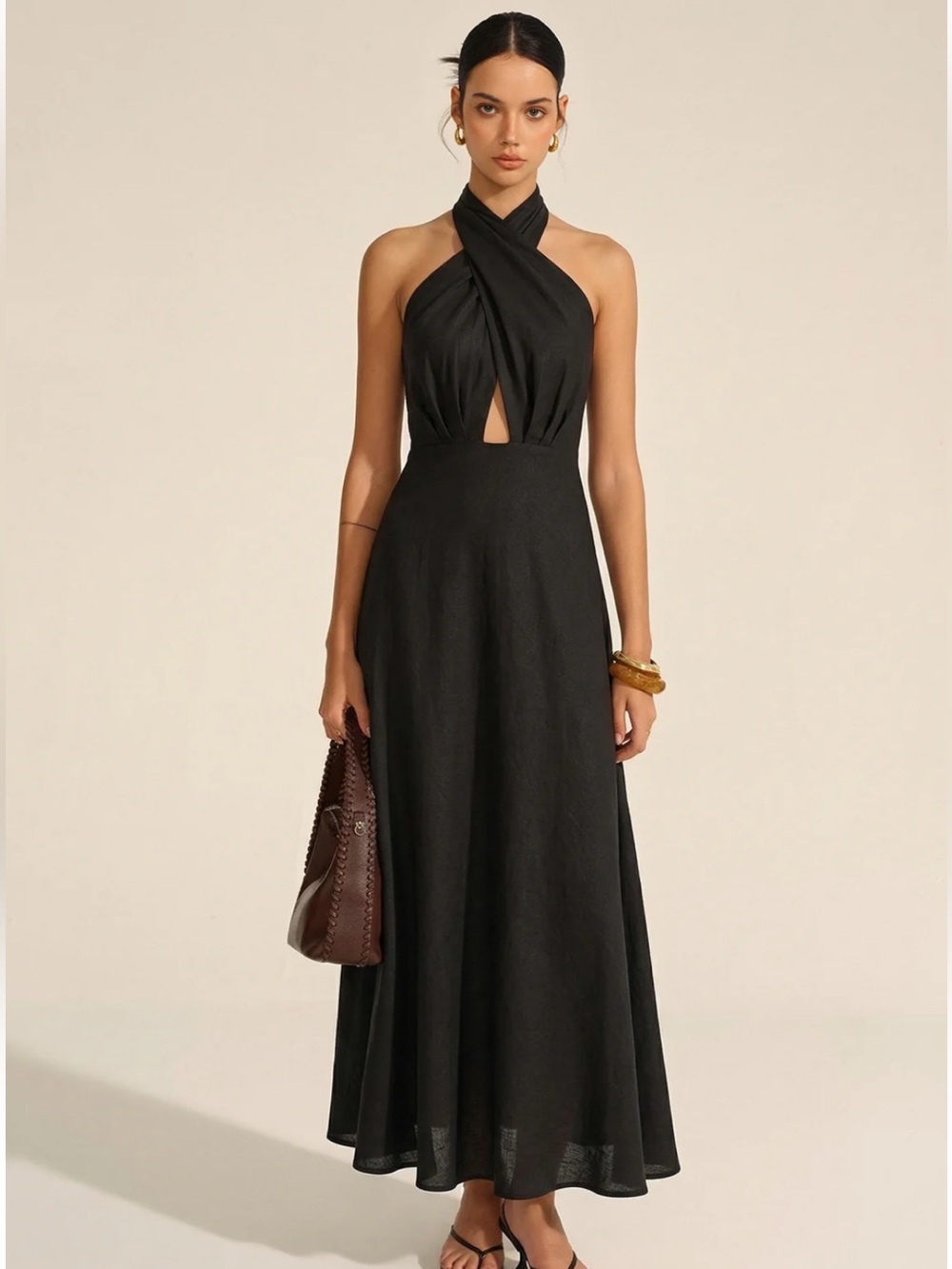 NWT Commense Cotton Linen Halter Neck Cut-Out Maxi Dress in Black